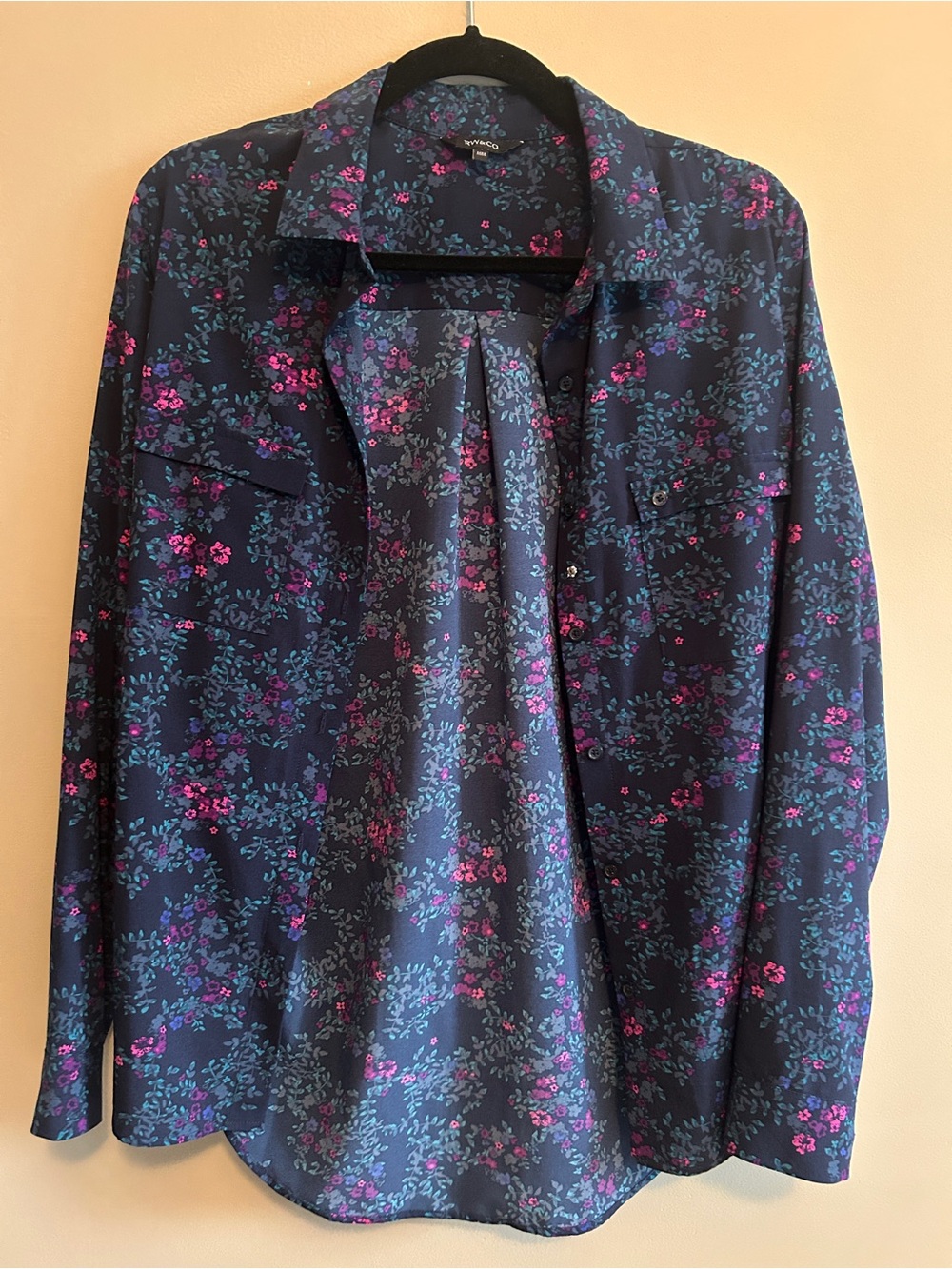 RW&CO. Navy Floral Button-Up Blouse with Pink & Teal Accents
